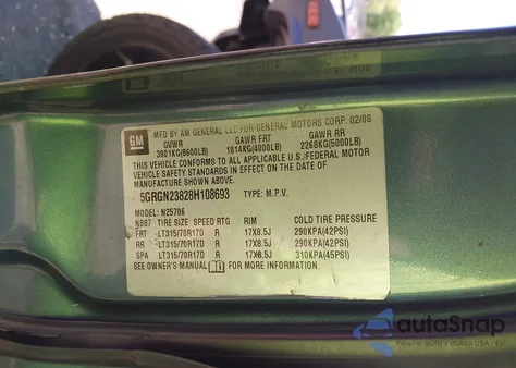 2008 Hummer H2 Suv z USA, uszkodzony, nr VIN 5GRGN23828H108693